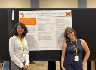 Student researches potential link between inmates’ literacy, crime severity Addie White and Riya Salvi stand in front of a research poster titled An Analysis of Reading Skill and its Impact on Crime.