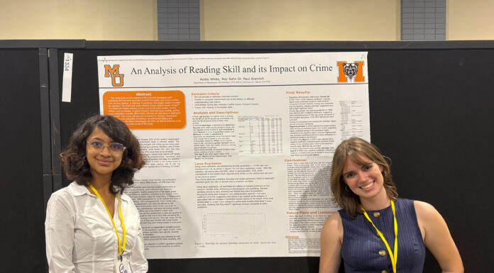 Student researches potential link between inmates’ literacy, crime severity Addie White and Riya Salvi stand in front of a research poster titled An Analysis of Reading Skill and its Impact on Crime.