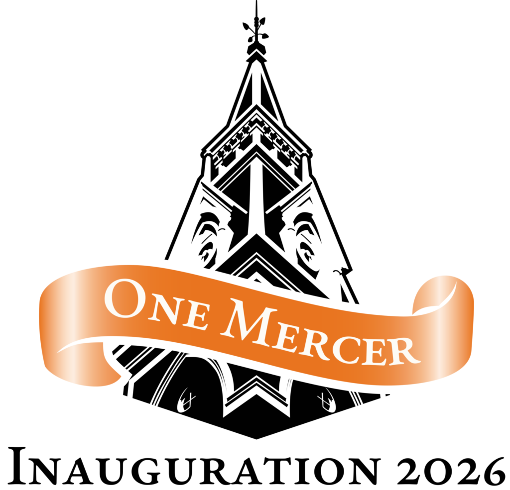 Illustration of a church steeple with an orange banner reading One Mercer. Text below says Inauguration 2026..