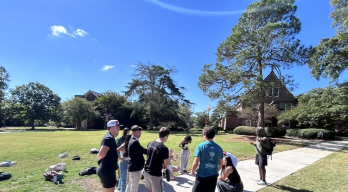 Political science professor brings fun, games to classroom A group of people stands and talks on a sidewalk next to a grassy area on a sunny day.