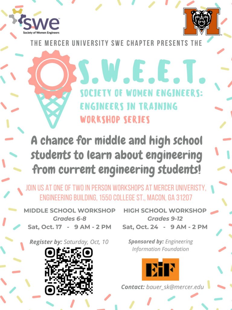 Flyer for Mercer University SWE engineering workshops for middle and high school students in October, including a QR code.